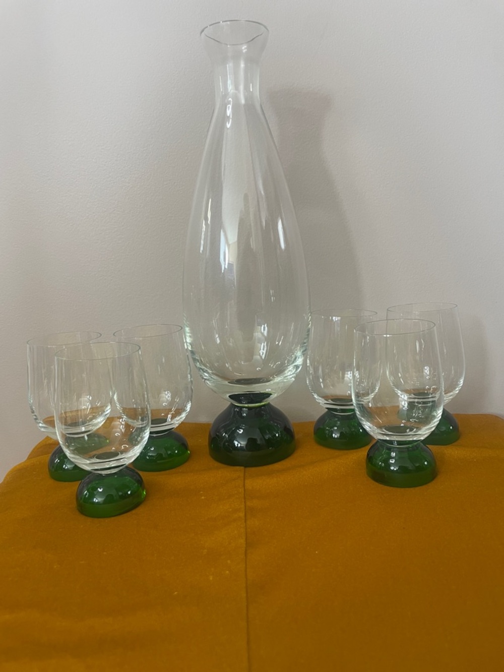 Vintage 7-Piece Carafe & Goblet Set | Green Bubble Base | Mid-Century Style